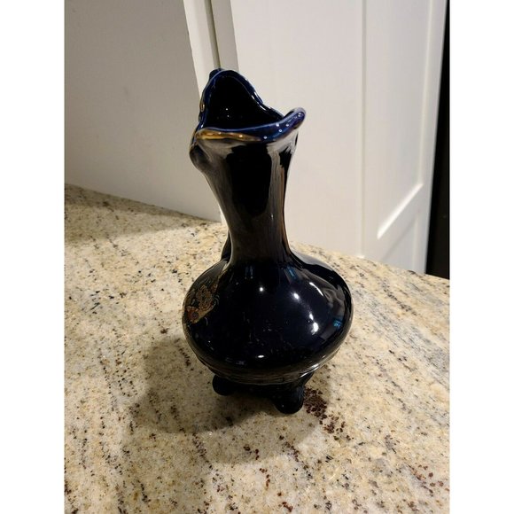 Cobalt Blue Ceramic Gold Trimmed Pitcher Peacock Design 7.5" Tall - Picture 2 of 12